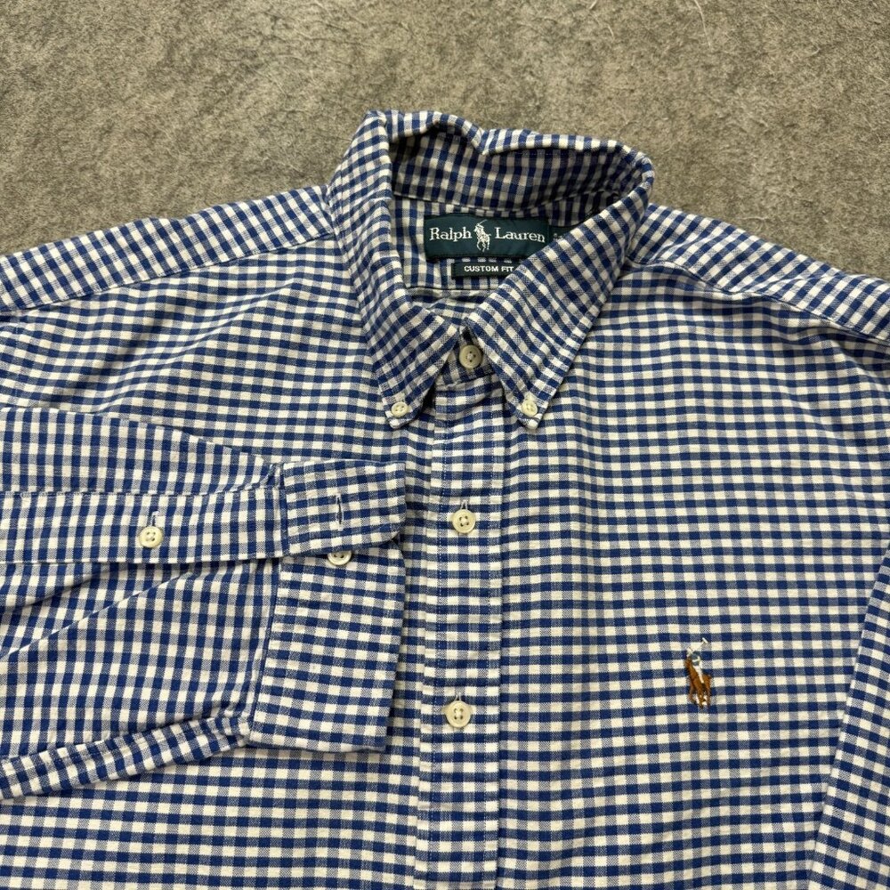Ralph Lauren Oxford Shirt Men XL Blue White Gingham Check OCBD Custom Fit b150